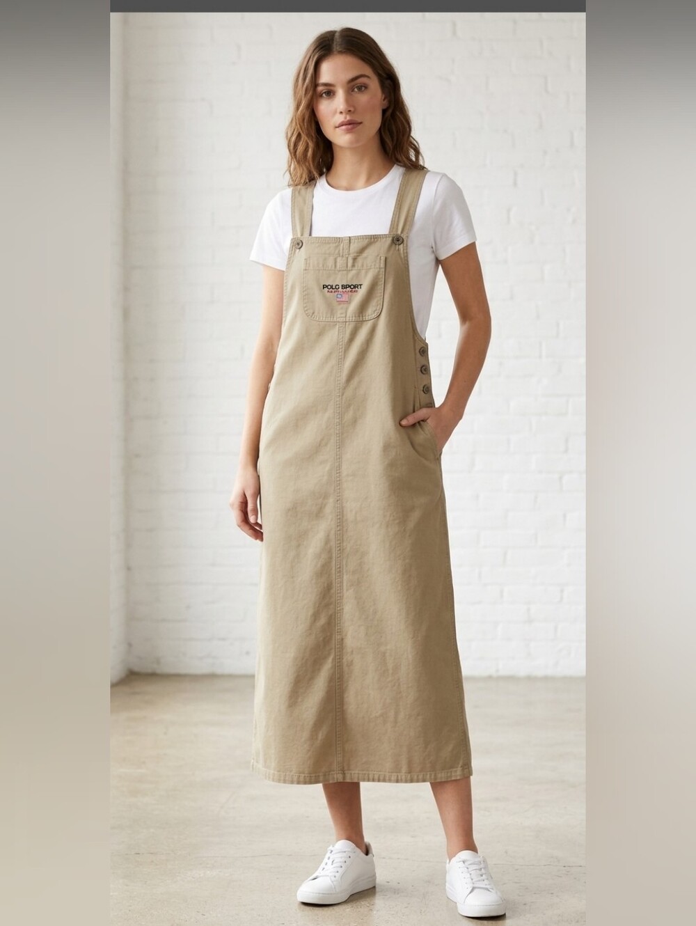 420. Polo by Ralph Lauren Khaki Midi Overall Denim Dress